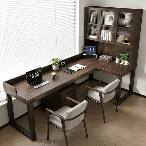 实木转角书桌书柜一体靠墙电脑桌