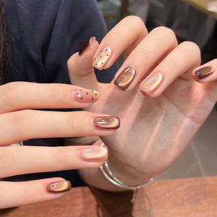 【琥珀冰茶】纯手工穿戴甲秋冬显白玻璃珠猫眼美拉德新款美甲贴片