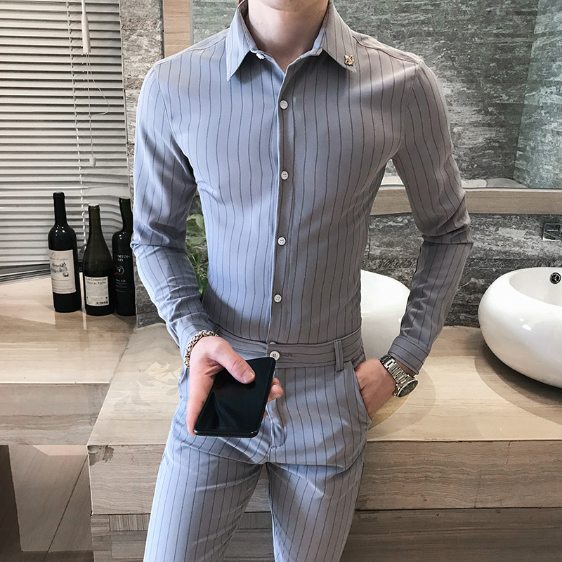 秋季男士长袖修身潮流衬衫套装P100,男装衬衫,星座407-1