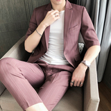 条纹七分袖西装套装夏季商务高级感男装英伦雅痞休闲西服外套P150，男装西服，星座407-1