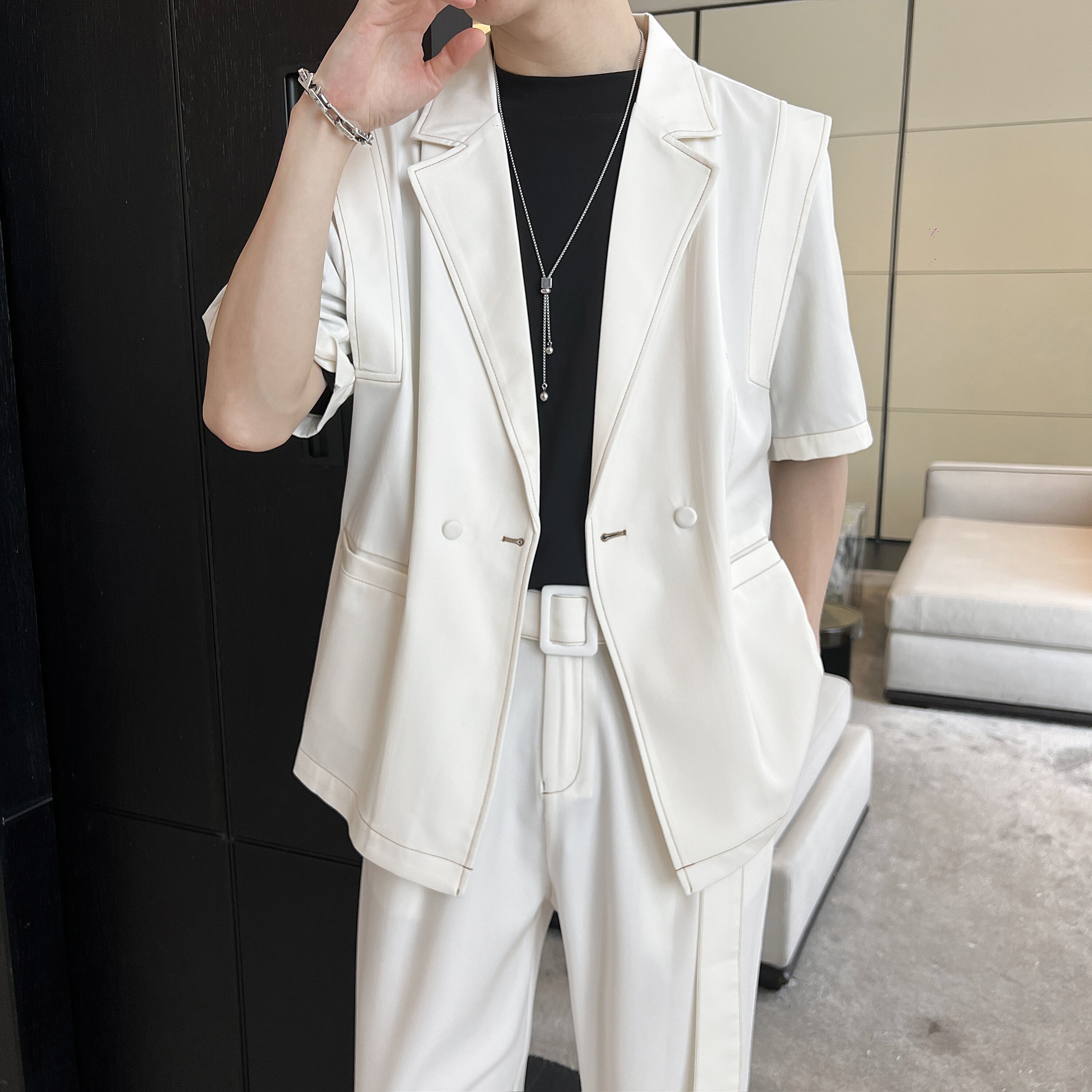 夏季短袖西服套装男士时尚休闲新款搭配宽松两件套帅气P130,男装T恤,星座407-1