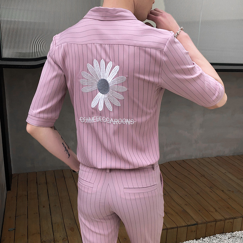青年男士夏季款条纹类西服衬衫套装P135,男装西服,星座407-1