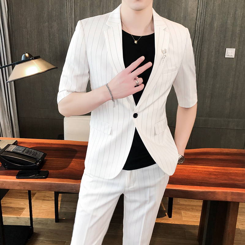 条纹七分袖西装套装夏季商务高级感男装英伦雅痞休闲西服外套P150,男装西服,星座407-1