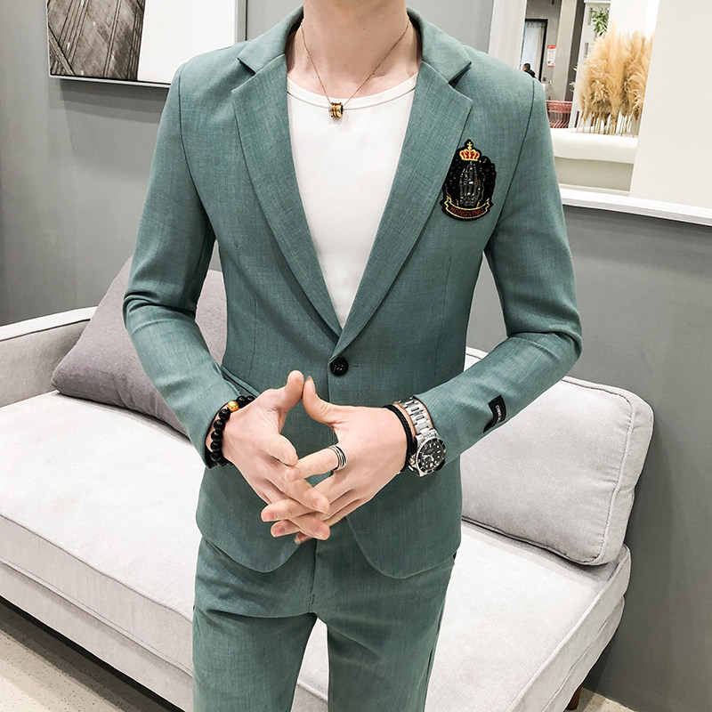男士英伦风修身刺绣西服套装P155图片