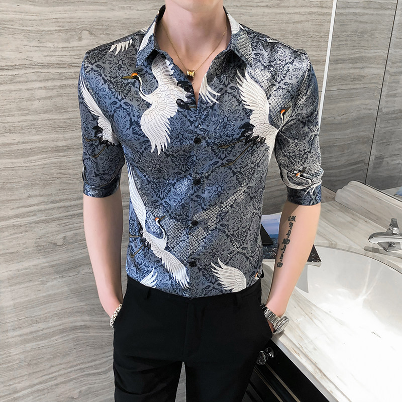 夏季男士仙鹤印花修身尖领P50,男装衬衫,星座407-1