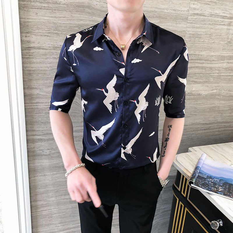 夏季男士仙鹤印花修身尖领P50,男装衬衫,星座407-1