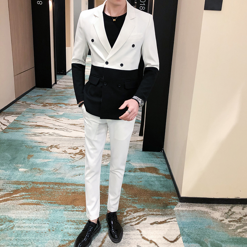 青年双色拼接西服套装P160，男装西服套装，星座407-1