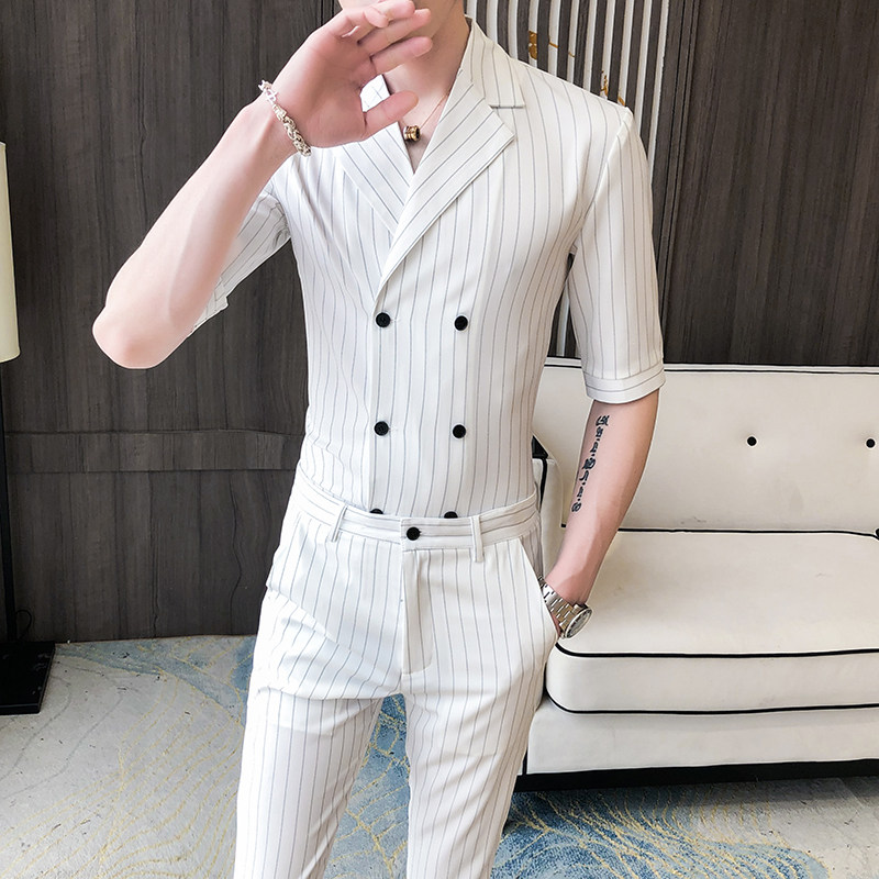 夏季男士双扣修身中袖条纹衬衫西服套装P130图片
