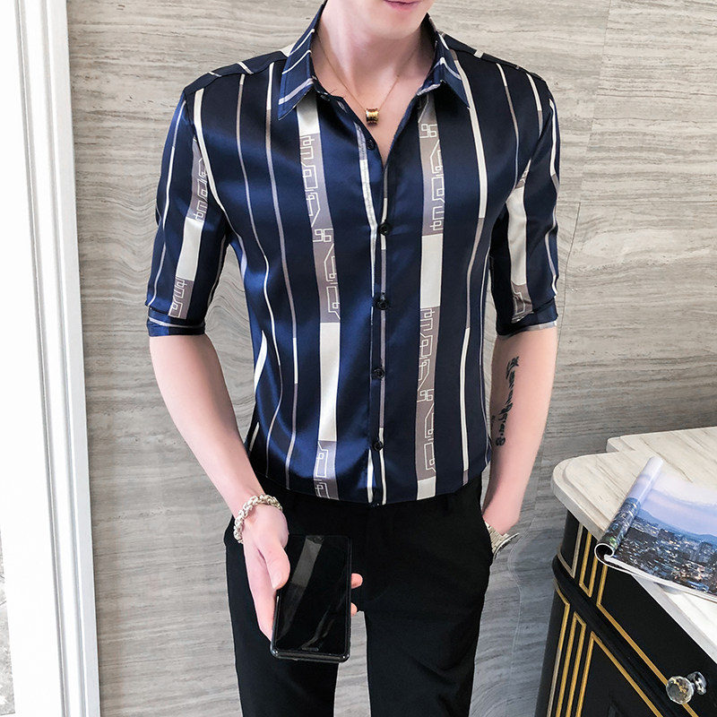 男士衬衫中袖修身长袖条纹款潮流P50,男装衬衫,星座407-1