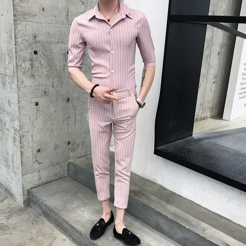 夏季男士条纹衬衫套装P100图片