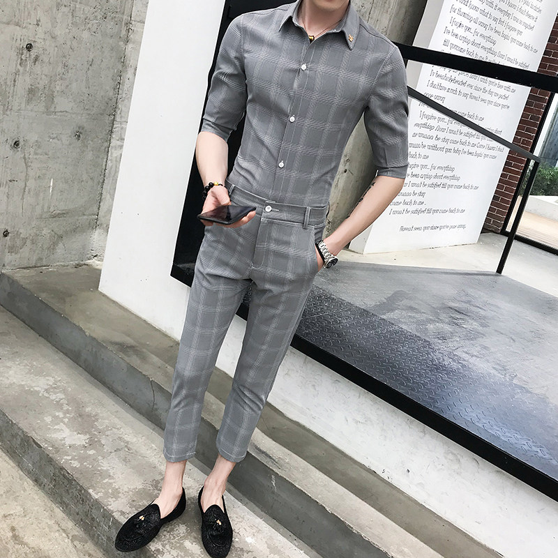 男士夏季流行休闲格子衬衫修身七分袖套装P100图片
