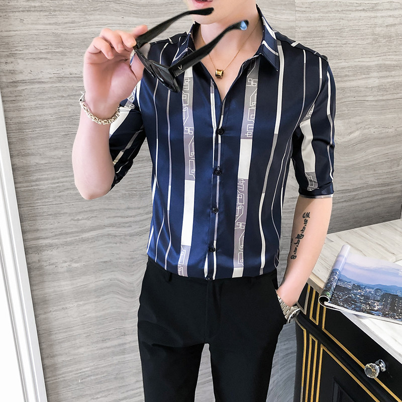 男士衬衫中袖修身长袖条纹款潮流P50,男装衬衫,星座407-1