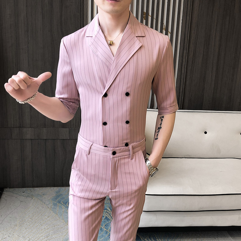 夏季男士双扣修身中袖条纹衬衫西服套装P130,男装西服套装,星座407-1