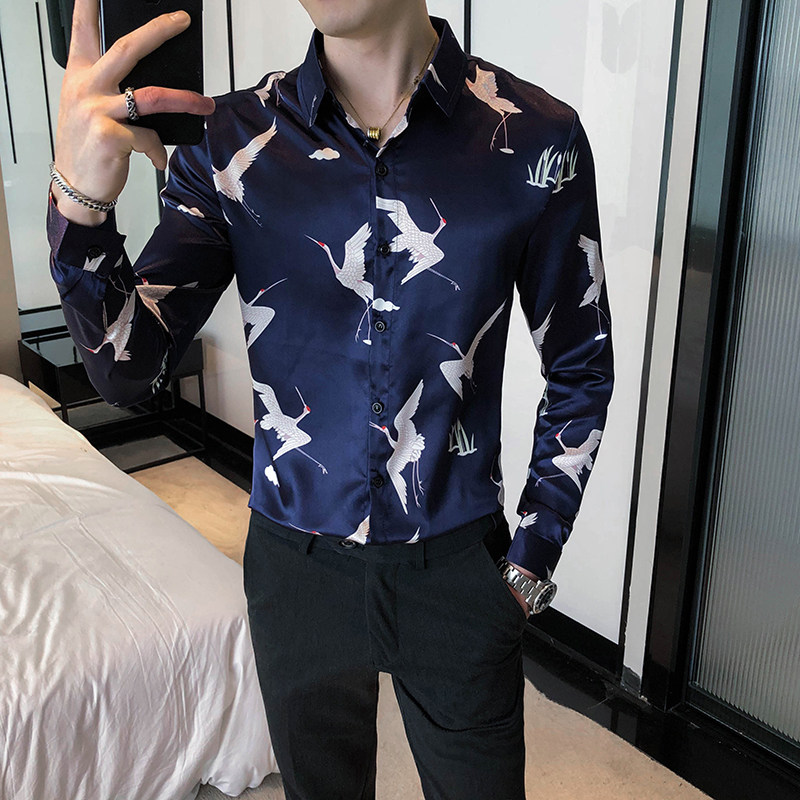 衬衫长袖修身潮流男士印花P50图片