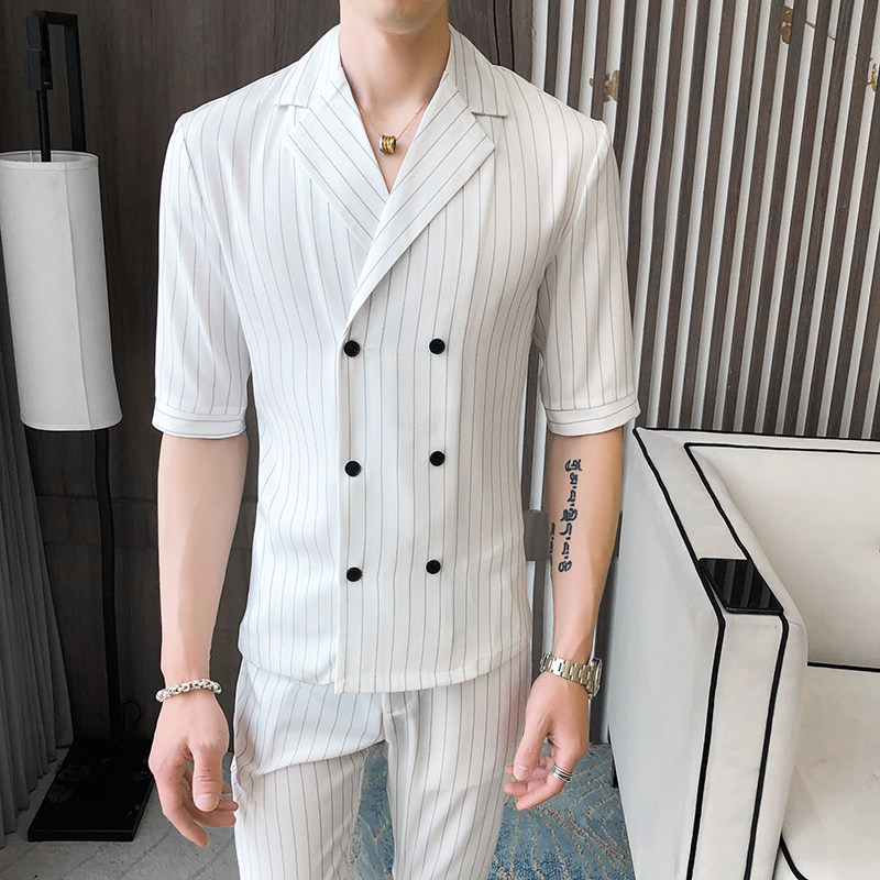 青年男士夏季款条纹类西服衬衫套装P135,男装西服,星座407-1