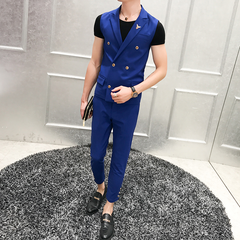 夏季夜马甲无袖西服套装休闲修身双排扣P130，男装西服套装，星座407-1