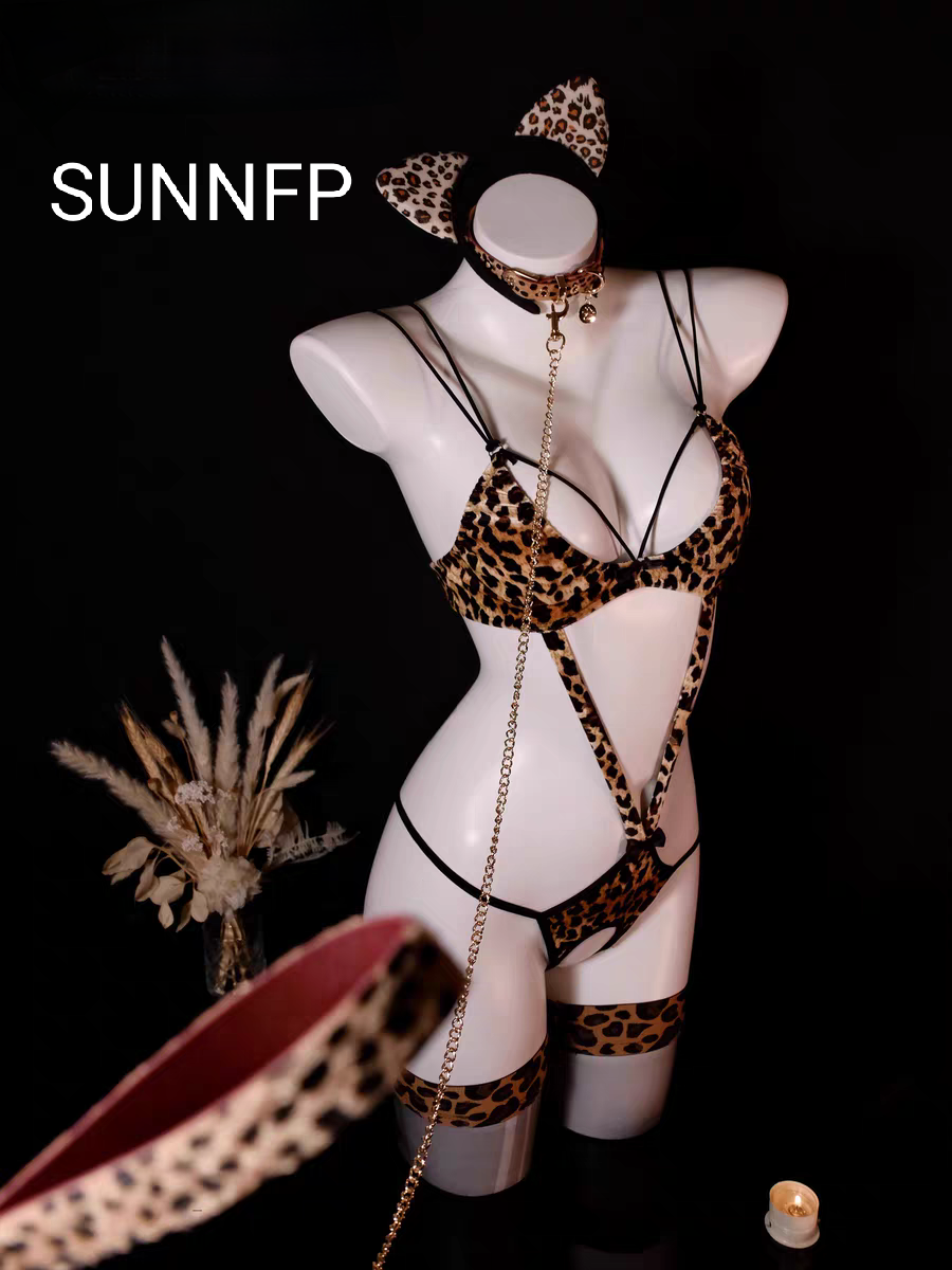 SUNNFP「小野猫」性感豹纹内衣女豹纹三点式文胸套装情调睡衣qqnt