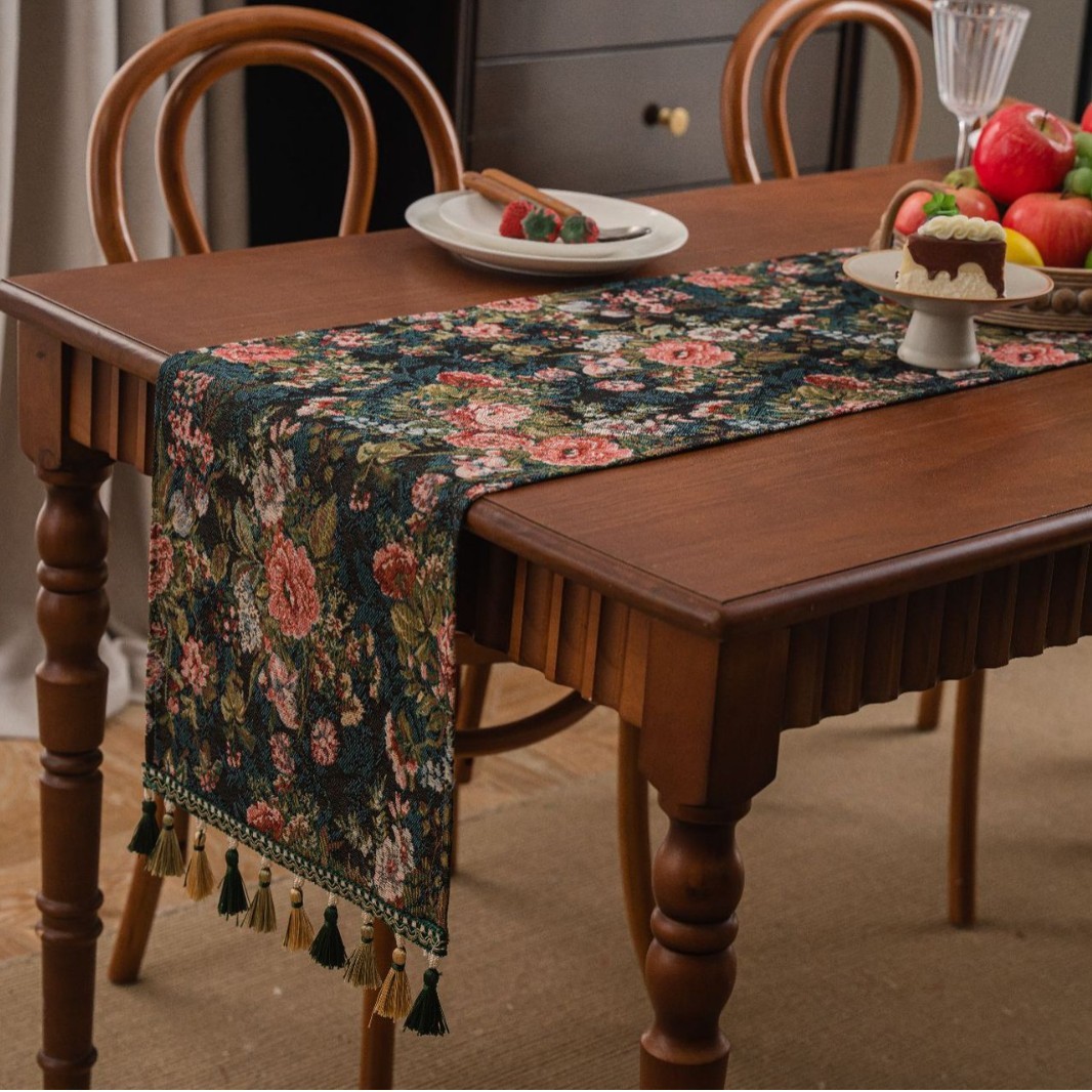 桌旗提花牡丹粉色流苏茶旗田园餐旗长条加厚提花绿底波西米亚复古