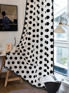 跨境亚马逊成品北欧INS 简约百搭遮光半帘黑白色圆点阳台飘窗帘