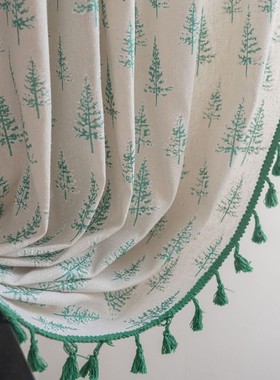 烫金白底杉窗帘绿色圣诞烫金冬青叶小窗厨房帘半遮光飘窗阳台设计