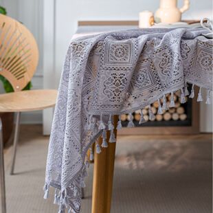 灰色方块经编森系田园钩针盖巾餐桌布编织桌布镂空桌布台拍摄道具