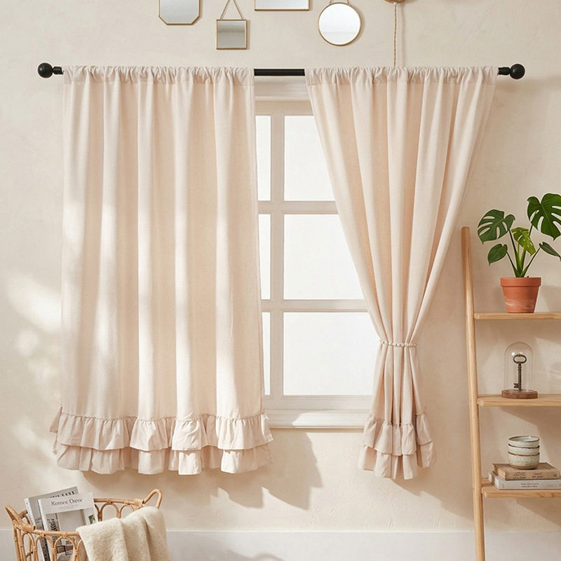 咖啡帘奶油风短帘免打孔遮光卧室米白色小窗户雪尼尔小窗帘窗幔