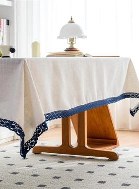 亚马逊跨境装饰纯色餐桌布复古蓝色花边黄麻台布纯白色法国盖布艺
