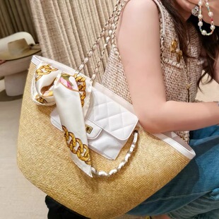 春夏新款 大容量菜篮子草编包百搭菱格链条单肩腋下包编织沙滩包女