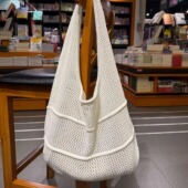 韩国小众ins针织钩针简约镂空编织包包新款 大容量休闲单肩托特包