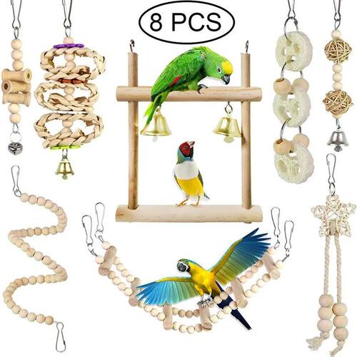 1/8PCS Set Combination Parrot Bird Toys Wood Articles Bite P