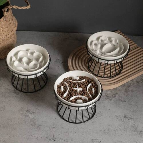 Elevated Ceramic Slow Feeder Bowl for Dogs Cats, Anti-Chokin