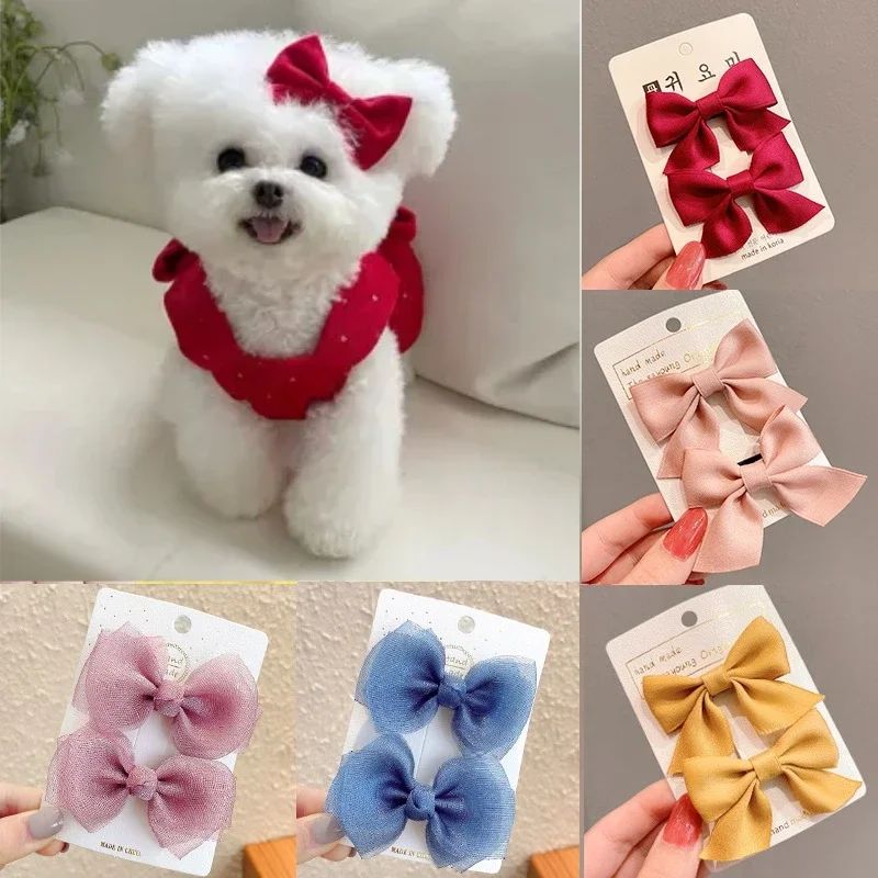 2Pcs/set Beautiful Satin/Mesh Bow Hairpins for Pet Dogs Cute