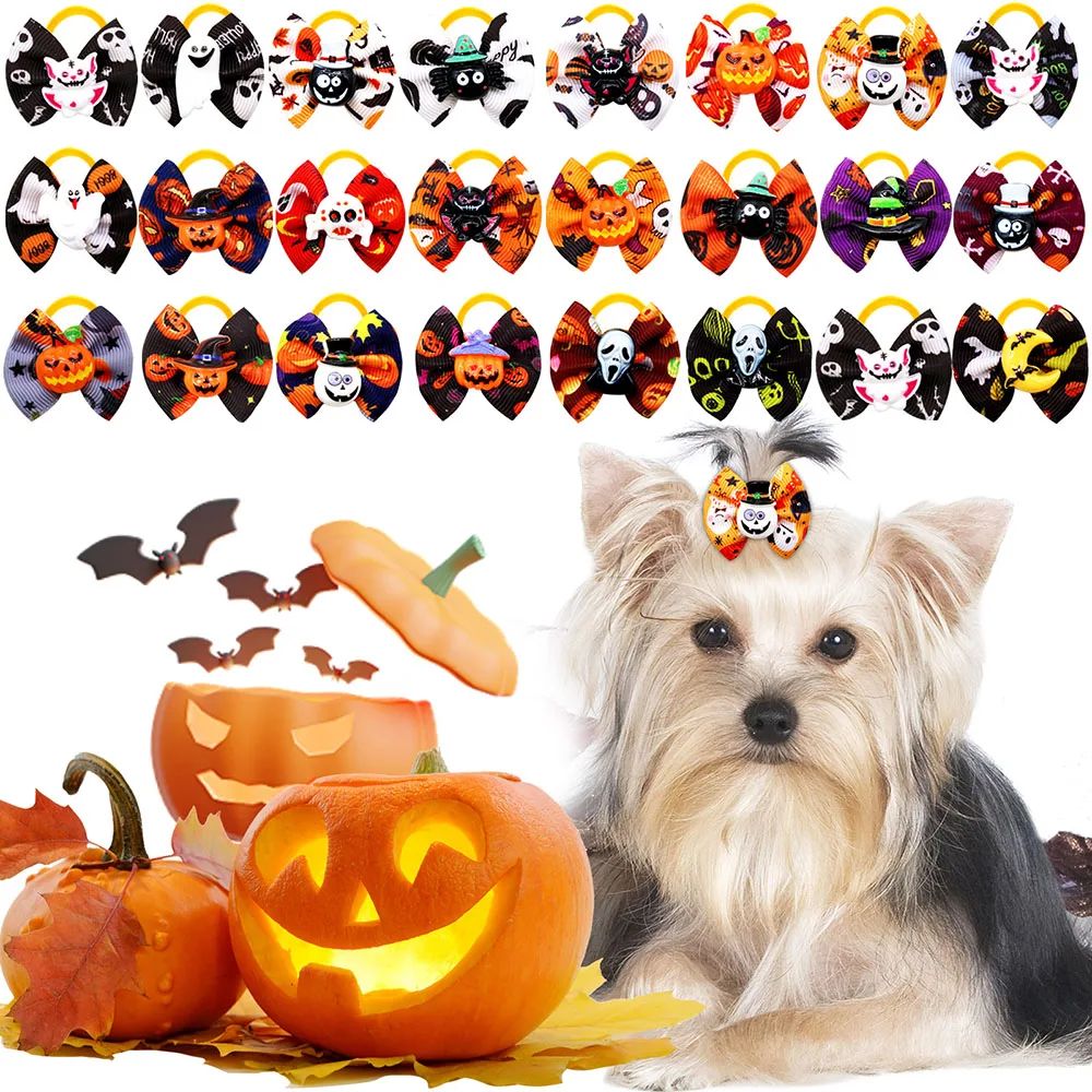 20PCS Halloween Small Dog Bows With Rubber Bands Handmade Pu