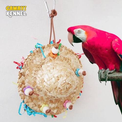 Handmade Straw Weaving Cap Shape Parrots Chew Toy Birdcage H