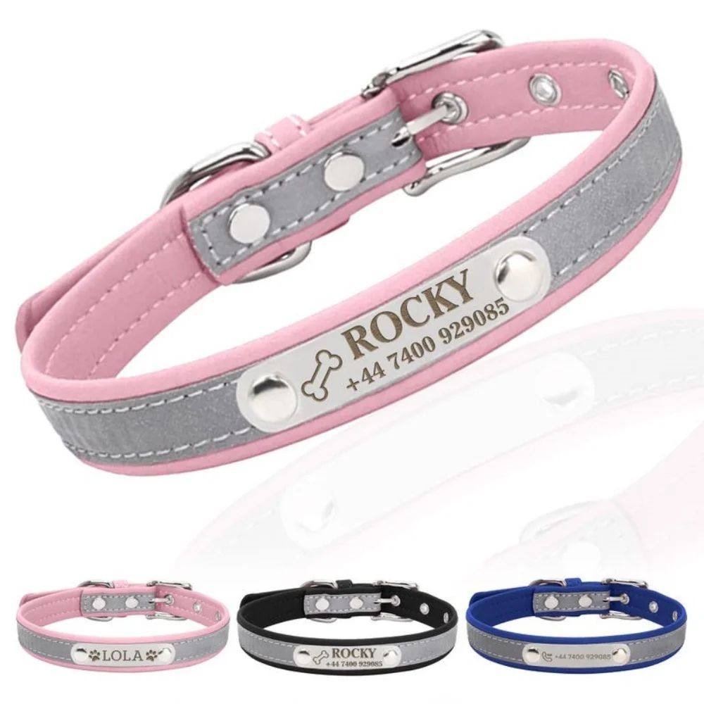 Dog Collar PU Leather Engraved - Customized with Name, Uniqu
