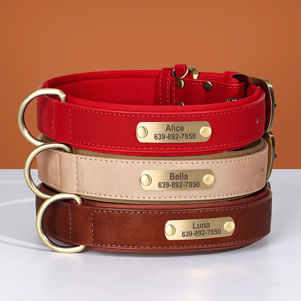 Personalized PU Leather Dog Collar Soft Padded Pet Dog Colla