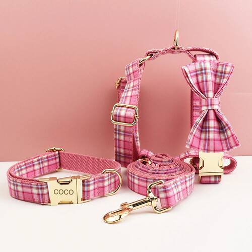 Rose Pink Plaid Dog Collar And Dog Harness and Leash Set wit