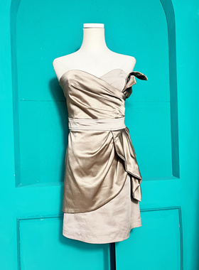 Miss Miss 复古浅金缎面立裁抹胸小礼服