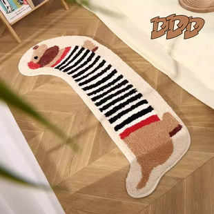 DDD 卡通条纹小狗异形卧室床边毯儿童房可爱长条地毯吸水植绒地垫