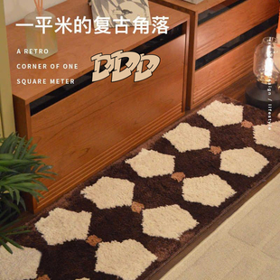 棕色复古植绒地毯客厅沙发簇绒中古地垫卧室长条床边毯高级感 DDD