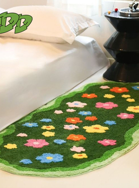 DDD森系花花绿地毯卧室防滑苔藓田园风床边毯客厅沙发可爱地垫ins