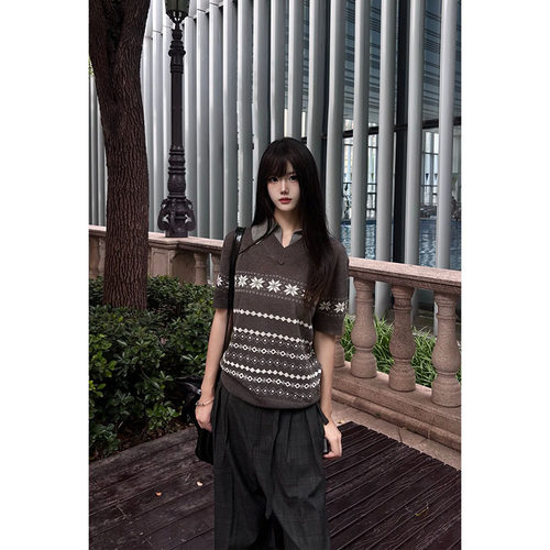 IWTFF费尔岛提花奢级亚麻天丝天然凉感短袖海鸥领假两件针织衫t恤