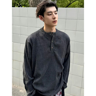 美式亨利领polo衫男款长袖t恤秋季老钱风肌理感v领正肩内搭打底衫