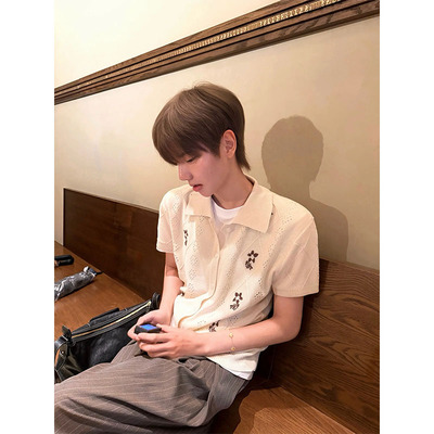 菱格提花针织衬衫男夏高级感轻薄网眼透气刺deserto亚麻夏季设计