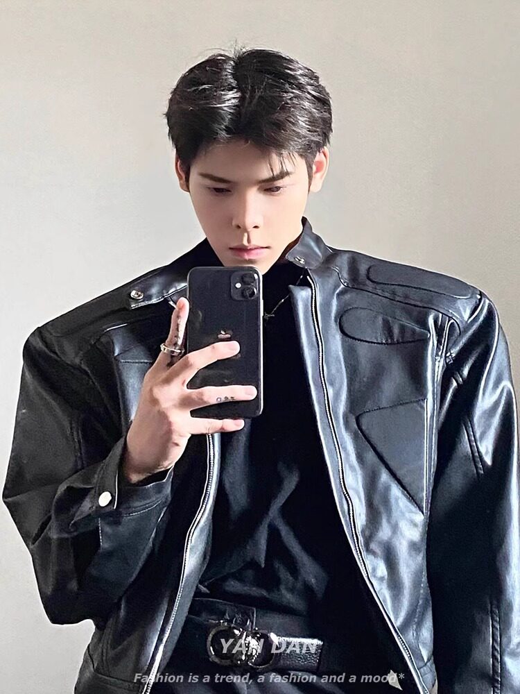 美式复古垫肩正肩皮衣外套潮牌欧美街头cleanfit立体拼接机车服男