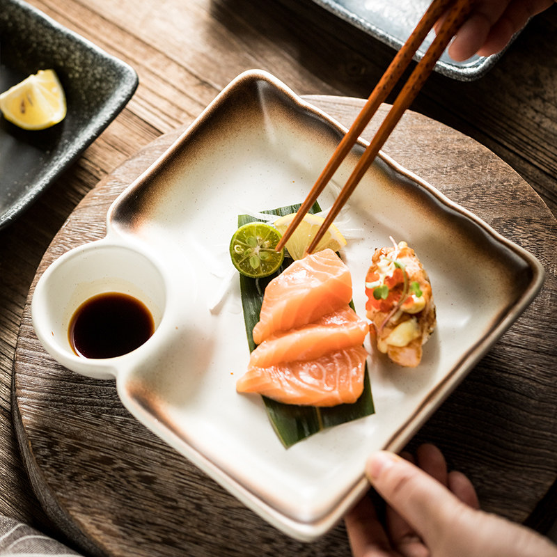 四方饺子盘带调料碟盘 零食盘点心盘陶瓷盘子烤串盘烤鸡翅盘菜盘