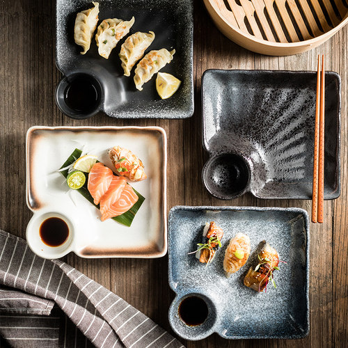 饺子盘带碟四方盘简约高级感零食盘点心盘陶瓷盘子烤串盘薯条盘