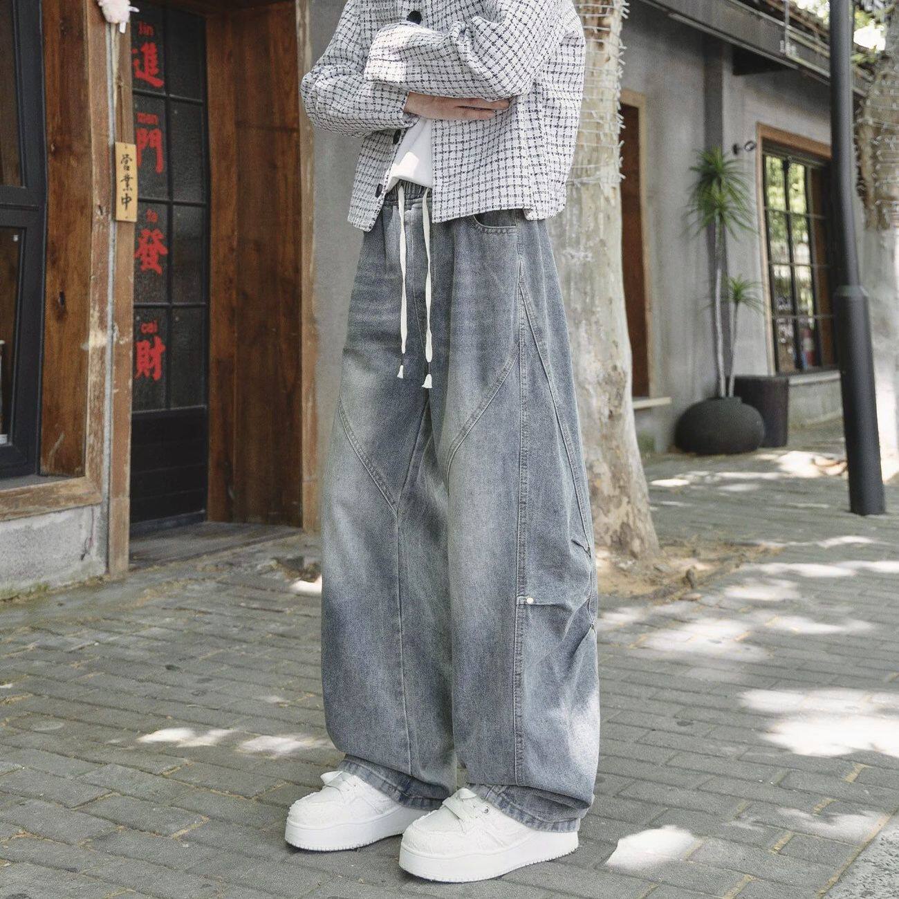美式复古牛仔裤男春秋新款ins解构铆钉嘻哈休闲宽松直筒阔腿长裤