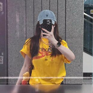 美式重磅纯棉慵懒感短袖t恤男女夏季凉感情侣装黄色个性半袖上衣
