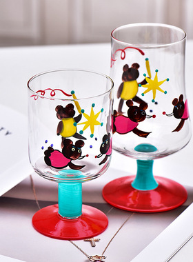 日式同款手绘可爱卡通熊熊杯子高脚杯聚会红酒杯玻璃冰激凌杯